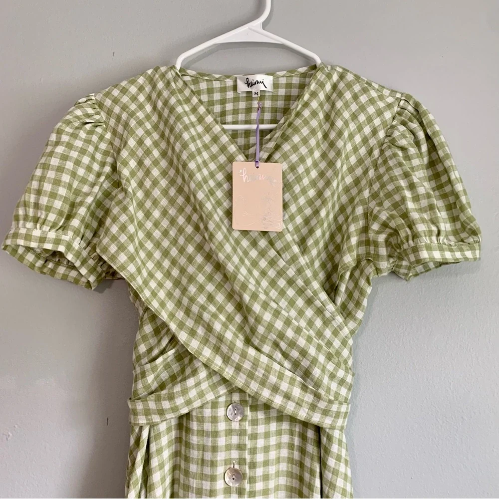 Heinui Nana Wrap Dress in Green Gingham Linen - Picture 4 of 6